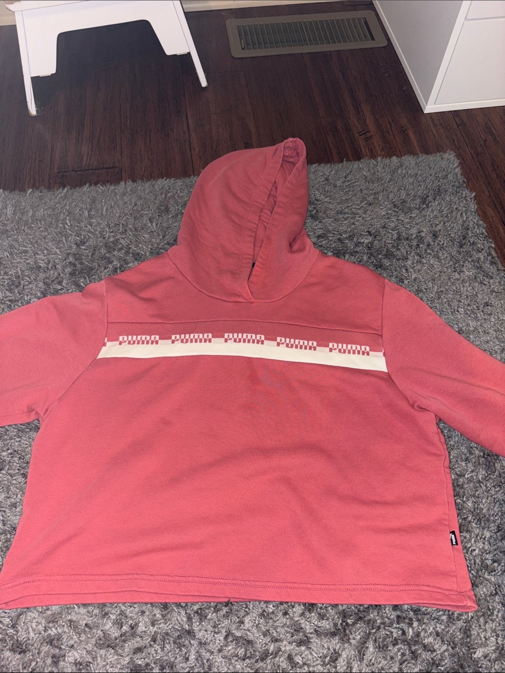 Puma Rose Pink Hooded Cropped Sweatshirt with White Logo Stripe
